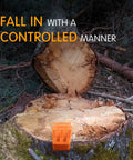 Orange plastic tree felling wedge on a cut log, front view