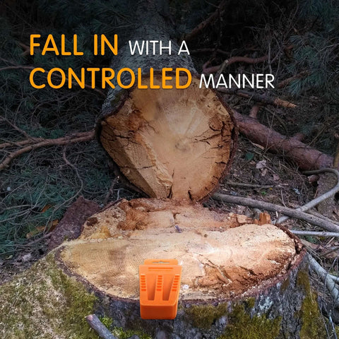 Orange plastic tree felling wedge on a cut log, front view