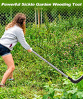 Woman using Beast Scythe Tool For Grass Cutting And Weeding Sickle Garden Tool for clearing bushes in a garden