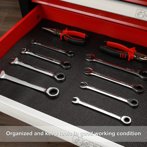 Dope Non Slip Foam Toolbox Drawer Liner With Textured Grip, tools on black mat in red drawer.