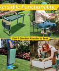 Folding Garden Kneeler Stool With 8 Inch Wide Kneeling Pad And Tool Pouch For Planting And Gardening, Lightweight And Sturdy With Back Support, Easy Sit Or Stand For Seniors shown in use and folded.