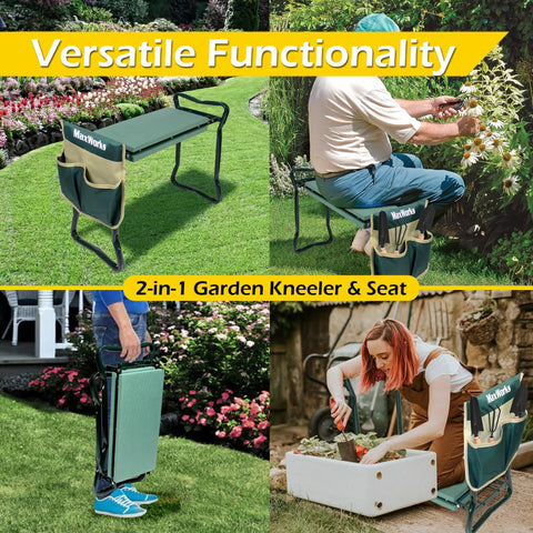 Folding Garden Kneeler Stool With 8 Inch Wide Kneeling Pad And Tool Pouch For Planting And Gardening, Lightweight And Sturdy With Back Support, Easy Sit Or Stand For Seniors shown in use and folded.