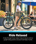 Woman standing beside Electric Hybrid Bike With 350W Hub Motor, 27-Inch Wheels, Throttle Or Pedal Assist, Up To 20 MPH, Dope Daily Commute Cruiser For Adults, Lightweight Blue Frame Built For Easy Hills And All Day Comfort on street