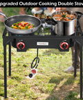 High Pressure Propane Outdoor Cooking Grill Burner For Camping And Backyard BBQs With CSA Regulator 0 To 20 PSIG And 4 Ft Gas Hose Dual Cast Iron Burners showing pans on burners.