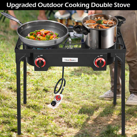 High Pressure Propane Outdoor Cooking Grill Burner For Camping And Backyard BBQs With CSA Regulator 0 To 20 PSIG And 4 Ft Gas Hose Dual Cast Iron Burners showing pans on burners.