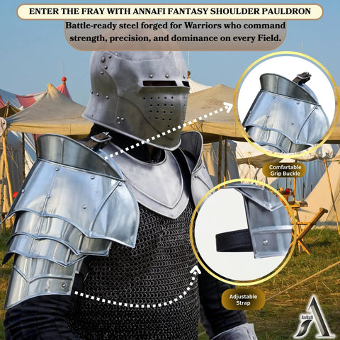 Epic Medieval Shoulder Pauldron Armor Set for Cosplay and LARP with adjustable leather straps, worn by knight in chainmail.
