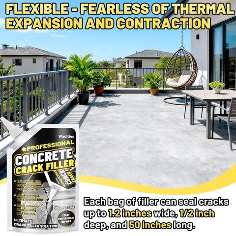 Concrete patio with gray finish highlighting application of 2.65 Lb High Elasticity Self Leveling Concrete Crack Filler.