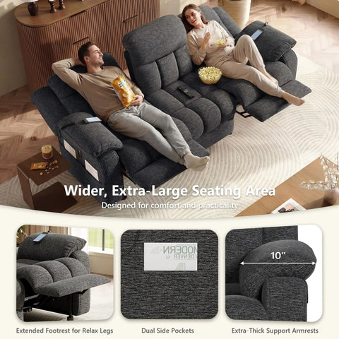 Electric Recliner Sofa Couch With Power Recline, 3 Seater Loveseat In Plush Chenille, adjustable backrest and footrest shown