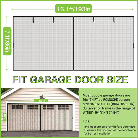 Diagram showing fitment of Magnetic Heavy Duty Fiberglass Garage Door Screen For Two Car Garage 16x7 Ft over double garage doors.
