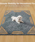 Fluffy rug with Rug Corner Grippers 12 Pack With Triangle And Trapezoid Designs, keeps corners flat on hardwood floor, white dog on rug.