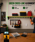 4 In 1 Digital Green Laser Tape Measure With 16 Foot Tape And 328 Foot Distance Meter For Indoor Outdoor Jobsites A Handy Laser Measuring Tool For Builders DIY Pros Who Need Quick Accurate Measurements. Green cross-line laser aligning a garage shelf during wall layout