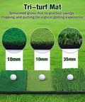 Three sections of a tri-turf mat for the All In One Golf Practice Net With Target Mat For Indoor And Outdoor Backyard Swing Training 10 By 7 Ft Hitting Net With Tri Turf Mat For Driving Chipping And Putting Gifts For Men Dad Golfer, showing different grass lengths with golf balls placed on each.