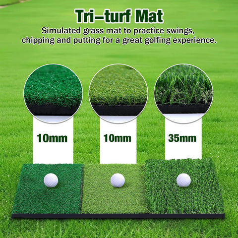 Three sections of a tri-turf mat for the All In One Golf Practice Net With Target Mat For Indoor And Outdoor Backyard Swing Training 10 By 7 Ft Hitting Net With Tri Turf Mat For Driving Chipping And Putting Gifts For Men Dad Golfer, showing different grass lengths with golf balls placed on each.
