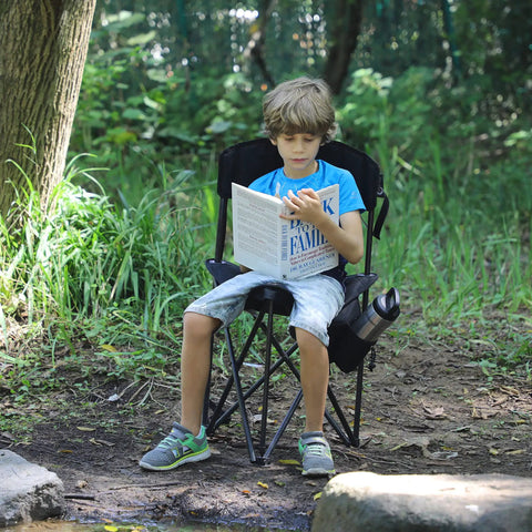 Child sitting on Extra Large Quick Folding Tripod Stool With Backrest For Fishing And Camping Built Tough Beefy Portable Chair