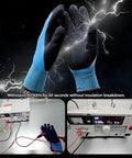 Heavy Duty Insulated Electrical Work Gloves Featuring Beefy 400V High Voltage Shock Protection Plus No Fuss Waterproof Oil Resistant Coating For Your Daily Grind Construction Jobs, showing gloves testing against electrical shock.
