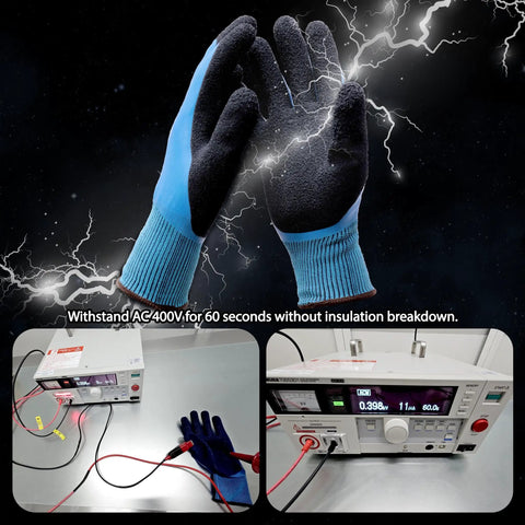 Heavy Duty Insulated Electrical Work Gloves Featuring Beefy 400V High Voltage Shock Protection Plus No Fuss Waterproof Oil Resistant Coating For Your Daily Grind Construction Jobs, showing gloves testing against electrical shock.