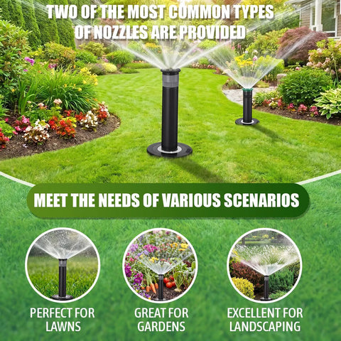 Straight Fire 4 Inch Pop Up Sprinkler Heads 10 Pack Includes 5 Replacement Nozzles for Yard and Landscape adjustable spray in garden.