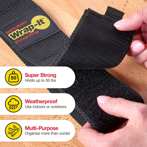 Close-up of a hand holding Wrap-It Storage strap, highlighting features like super strength, weatherproof, multi-purpose use.