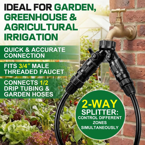 All In One Drip Irrigation Starter Kit With A Two Way Y Splitter, Includes Two 25 PSI Garden Hose Regulators, wall-mounted