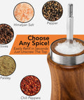 Wooden Salt And Pepper Grinder Set Refillable Mills With Adjustable Coarseness displaying open top with various spice options