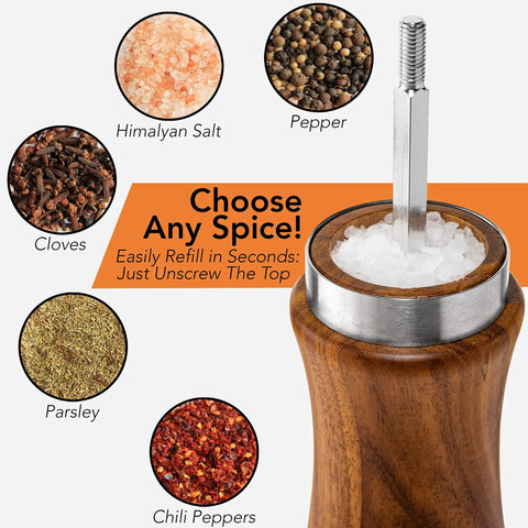 Wooden Salt And Pepper Grinder Set Refillable Mills With Adjustable Coarseness displaying open top with various spice options