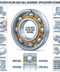R188 open nylon cage ball bearing illustration showing applications for fidget spinners, cooling fans, and inline skates.