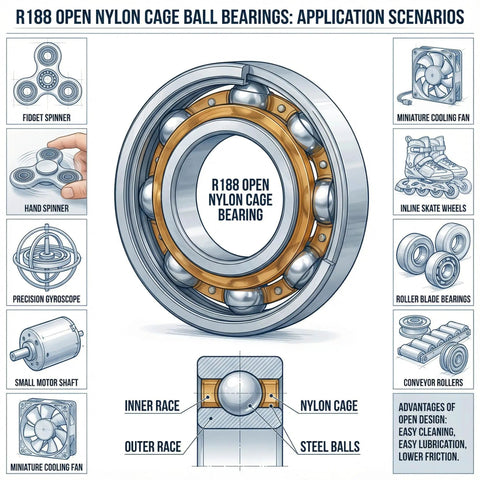 R188 open nylon cage ball bearing illustration showing applications for fidget spinners, cooling fans, and inline skates.