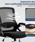 Ergonomic Office Chair With Adjustable Lumbar Support And Breathable Mesh Flip Up Armrests All Day Cozy Comfort For Home Or Office Adjustable Height Back Supporting Task Chair Built For Long Hours Black with breathable mesh and soft cushion features displayed