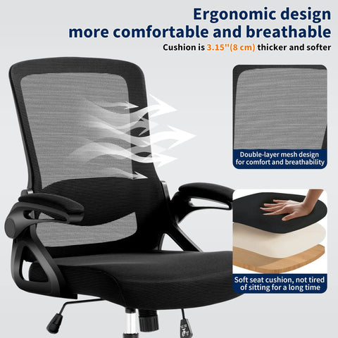 Ergonomic Office Chair With Adjustable Lumbar Support And Breathable Mesh Flip Up Armrests All Day Cozy Comfort For Home Or Office Adjustable Height Back Supporting Task Chair Built For Long Hours Black with breathable mesh and soft cushion features displayed
