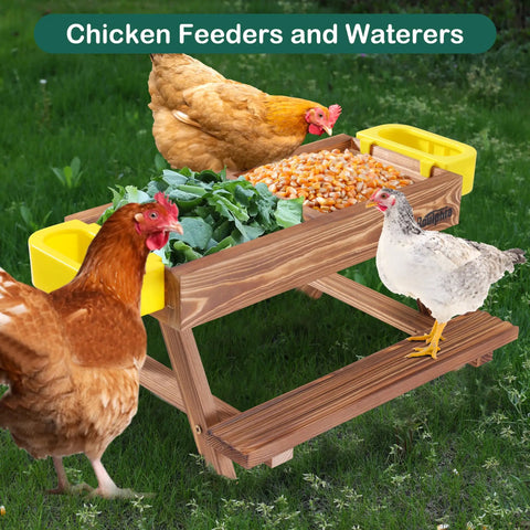 No Waste Chicken Feeders And Waterers Kit With Picnic Table Includes Two Water Feeders Handmade Wooden Chicken Coop Supplies And Accessories For Backyard Poultry Durable Easy To Clean And Family Friendly.