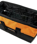 Open Canvas Power Tool Contractor Bag With Heavy Duty Cross Stitch Handles Notched Feet For Floor Stability External Pockets
