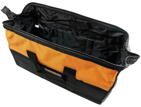 Open Canvas Power Tool Contractor Bag With Heavy Duty Cross Stitch Handles Notched Feet For Floor Stability External Pockets