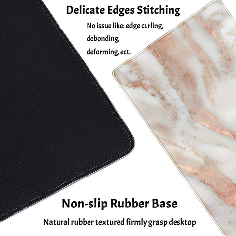 Rose Gold Marble Desk Pad For Mega Size 31.5 By 15.75 Inch Setup with delicate edge stitching and non-slip rubber base