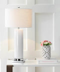 White Ceramic Table Lamp With Chrome Base 31.5 Inch Tall, White Linen Drum Shade, Modern Bedside Nightstand Light For Living Room Or Office, LED Bulb Included And ETL Listed on table