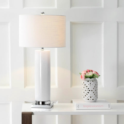White Ceramic Table Lamp With Chrome Base 31.5 Inch Tall, White Linen Drum Shade, Modern Bedside Nightstand Light For Living Room Or Office, LED Bulb Included And ETL Listed on table