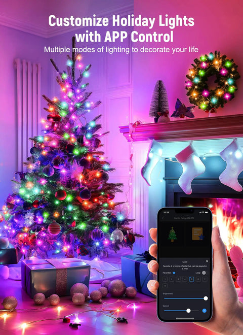 App Controlled Curtain String Lights With 400 LED Pixel Art And Text Creator, Remote And Bluetooth, Christmas tree setup