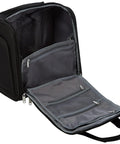 Amazon Basics underseat carry-on luggage, black, open view with gray interior mesh pockets