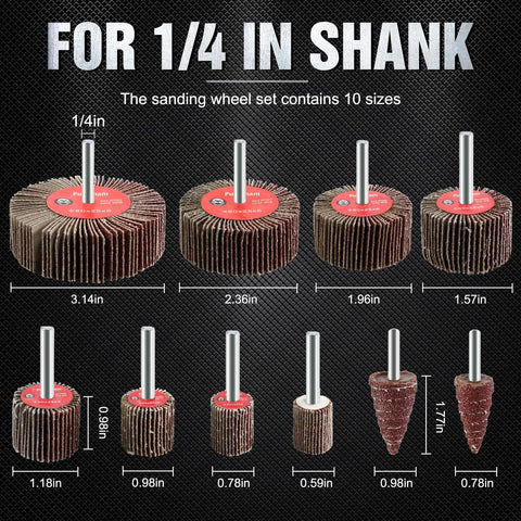 Front view of Pukamam 20-piece flap wheel sander set, 1/4-in shank, 80 grit for metal and wood.