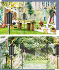 4 Pack Outdoor Metal Torch Set installed in garden, showing warm ambiance lighting. 59 inch tall citronella torches with 16oz fuel capacity.