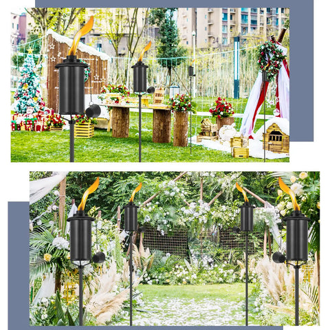 4 Pack Outdoor Metal Torch Set installed in garden, showing warm ambiance lighting. 59 inch tall citronella torches with 16oz fuel capacity.
