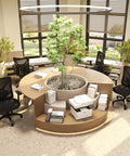 Four Ergonomic Mesh Office Chairs With Adjustable Lumbar Support Around a Circular Desk in an Office Setting