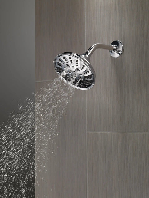 H2Okinetic 5 Setting Raincan Shower Head With Massage Full Body Spray Chrome Finish in use, mounted on gray tiled wall