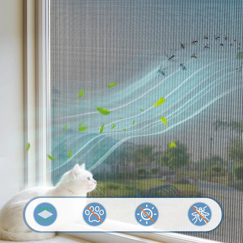 Pet Resistant Window Screen Replacement Mesh 48W X 99L 2 Pack Durable Polyester DIY Repair Kit with airflow, installed on window