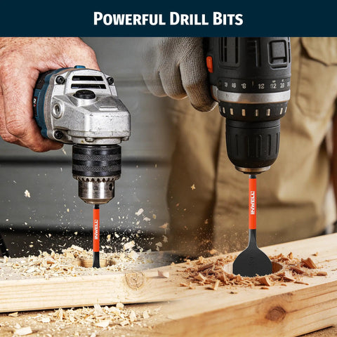 Shop Boss Spade Drill Bit Set And Paddle Flat Bits For Woodworking Quick Change Hex Shank Wood Drill Bits 14 Piece Kit in use on wood.