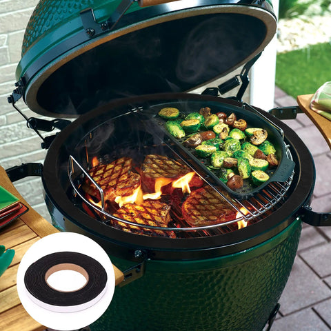 Grill Gasket Sealer For Smoker One Half Inch Wide By One Eighth Inch Thick, Fifteen Feet Long, High Temperature Sealing Tape, Easy To Cut To Fit, Seals Air Leaks And Boosts BBQ Grill Performance. Round kamado smoker open with gasket and roll