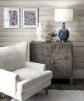 Tucson 28 Inch Ceramic Table Lamp With Linen Shade For Living Room, Bedroom Or Entryway On Off Switch, placed on a wooden cabinet