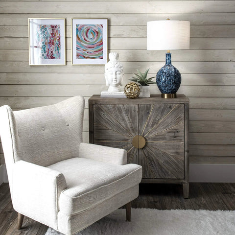 Tucson 28 Inch Ceramic Table Lamp With Linen Shade For Living Room, Bedroom Or Entryway On Off Switch, placed on a wooden cabinet