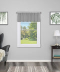Adjustable Petite Bronze Cafe Curtain Rod Set Two Pack Built For Small Windows 28 To 48 Inches Lightweight Seven Sixteenth Inch Diameter Easy Install for Cafe Curtains Valances and Tiers displayed in living room setting with gray curtain.