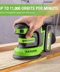 Person using Cordless 24V 5-Inch Random Orbital Sander Kit With Variable Speed on wood, highlighting low-vibration feature.