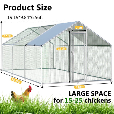 Large Outdoor Metal Chicken Coop With Walk In Run For Backyard Poultry, 19.19 By 9.84 By 6.56 Feet, Waterproof Roof, Heavy Duty Frame